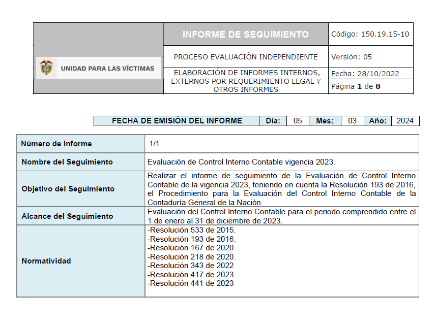 Informe evaluación Control Interno Contable UARIV 2023