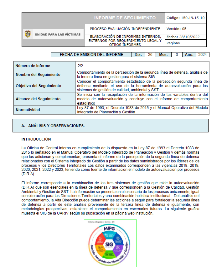 Informe percepción de la segunda línea de defensa, análisis de la tercera línea en el componente SIG segundo semestre 2023
