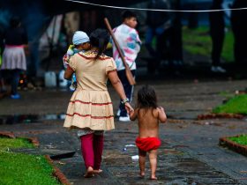 Indigenas caminando en medio de parque