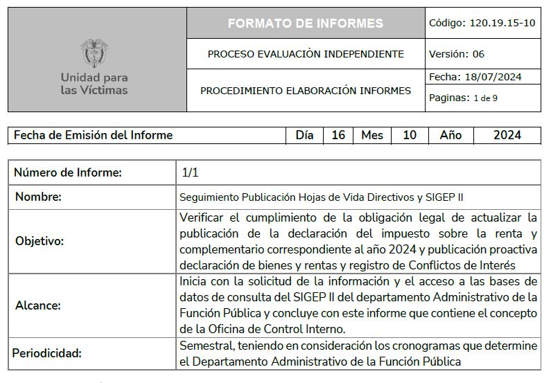 Informe de seguimiento publicación hojas de vida y declaración de bienes y rentas SIGEP